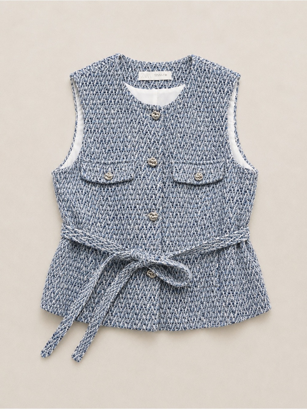 Zara Blue Textured Tweed Belted Camisole